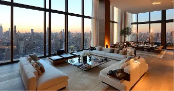 Luxury apartment interior with city views